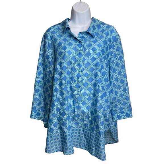 Coldwater Creek Blue Geometric Print Cotton Popover Top Size 2X Lightweight Boho - Picture 1 of 12